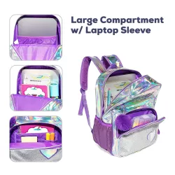 Eazy Kids - 18" School Bag, Glitter Bento Box, Lunch Bag, Pencil Case, Set of 4 - Girl Power Purple