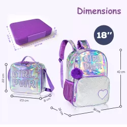 Eazy Kids - 18" School Bag, Glitter Bento Box, Lunch Bag, Pencil Case, Set of 4 - Girl Power Purple