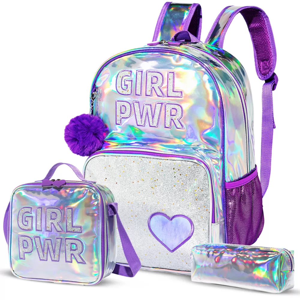 Eazy Kids - 18&quot; School Bag, Glitter Bento Box, Lunch Bag, Pencil Case, Set of 4 - Girl Power Purple