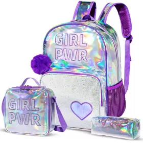 Eazy Kids - 18" School Bag, Glitter Bento Box, Lunch Bag, Pencil Case, Set of 4 - Girl Power Purple