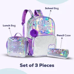 Eazy Kids - 18" School Bag, Glitter Bento Box, Lunch Bag, Pencil Case, Set of 4 - Girl Power Purple