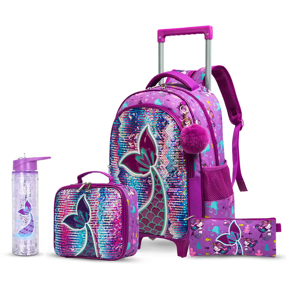 Eazy Kids - 18" Set of 4 Trolley School Bag with Glitter 550ml Water Bottle, Lunch Bag & Pencil Case - Mermaid Purple