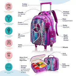 Eazy Kids - 18" Set of 4 Trolley School Bag with Glitter 550ml Water Bottle, Lunch Bag & Pencil Case - Mermaid Purple