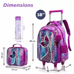 Eazy Kids - 18" Set of 4 Trolley School Bag with Glitter 550ml Water Bottle, Lunch Bag & Pencil Case - Mermaid Purple