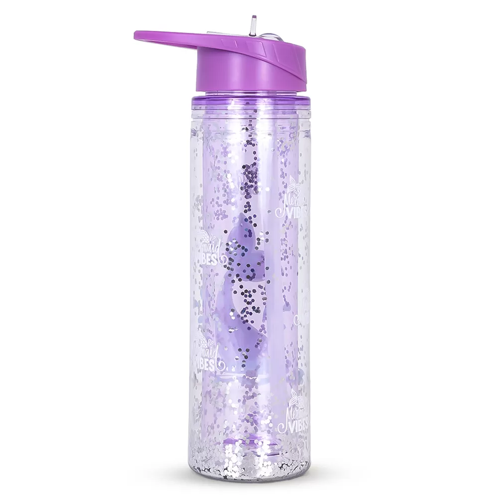 Eazy Kids - 18&quot; Set of 4 Trolley School Bag with Glitter 550ml Water Bottle, Lunch Bag &amp; Pencil Case - Mermaid Purple