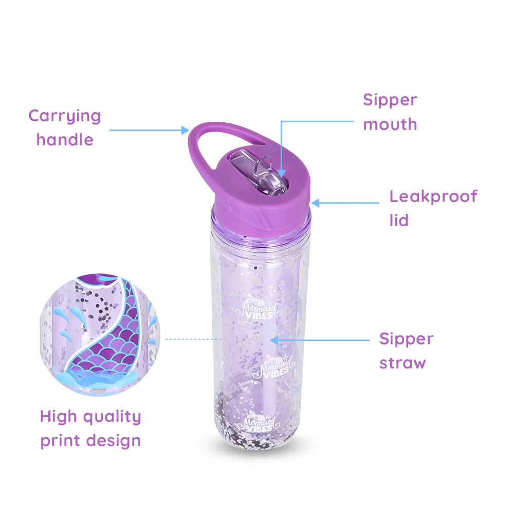 Eazy Kids - 18&quot; Set of 4 Trolley School Bag with Glitter 550ml Water Bottle, Lunch Bag &amp; Pencil Case - Mermaid Purple