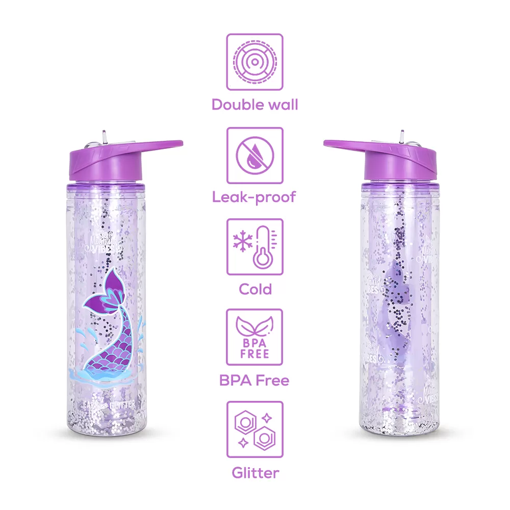 Eazy Kids - 18&quot; Set of 4 Trolley School Bag with Glitter 550ml Water Bottle, Lunch Bag &amp; Pencil Case - Mermaid Purple