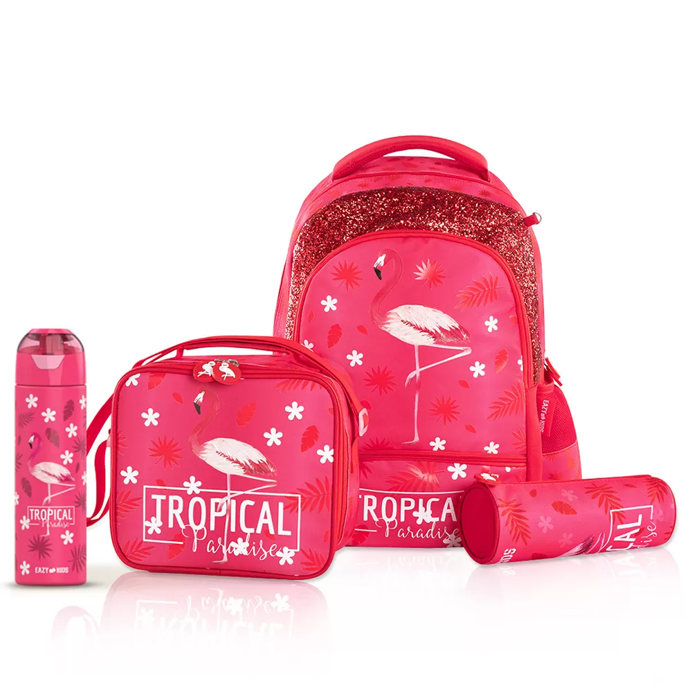 Eazy Kids 17Inch Set of 4 School Bag with Stainless Steel 640ml Water Bottle, Lunch Bag and Pencil Case - Tropical Pink