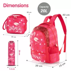 Eazy Kids 17Inch Set of 4 School Bag with Stainless Steel 640ml Water Bottle, Lunch Bag and Pencil Case - Tropical Pink