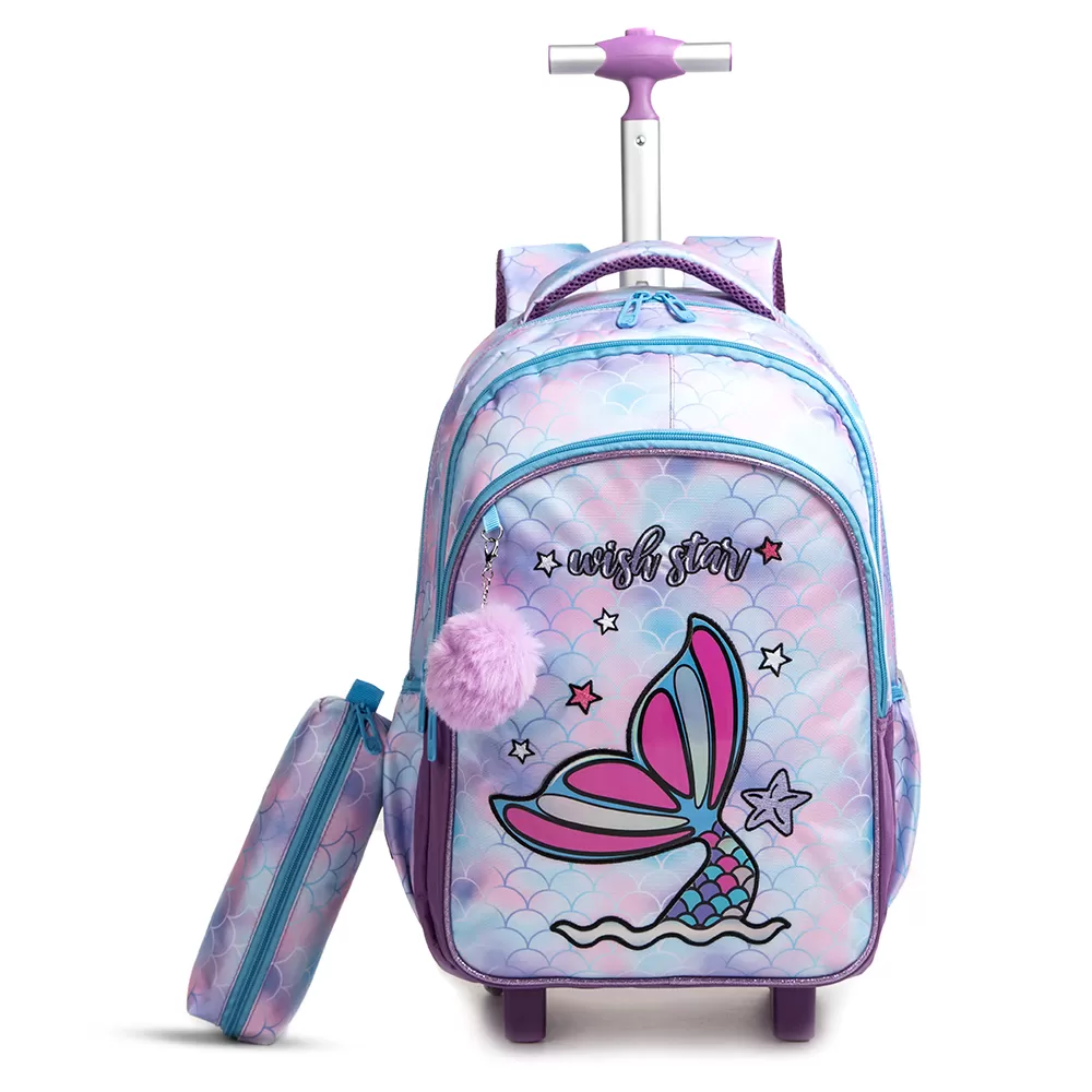 Eazy Kids 18Inch Set of 4 Trolley School Bag with Bento Lunch Box, Lunch Bag and Pencil Case - Mermaid Purple