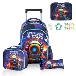 Eazy Kids 18Inch Set of 4 Trolley School Bag with Bento Lunch Box, Lunch Bag and Pencil Case - Outer Space Blue