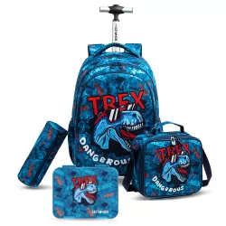 Eazy Kids 18Inch Set of 4 Trolley School Bag with Bento Lunch Box, Lunch Bag and Pencil Case - TREX Dinosaur - Blue