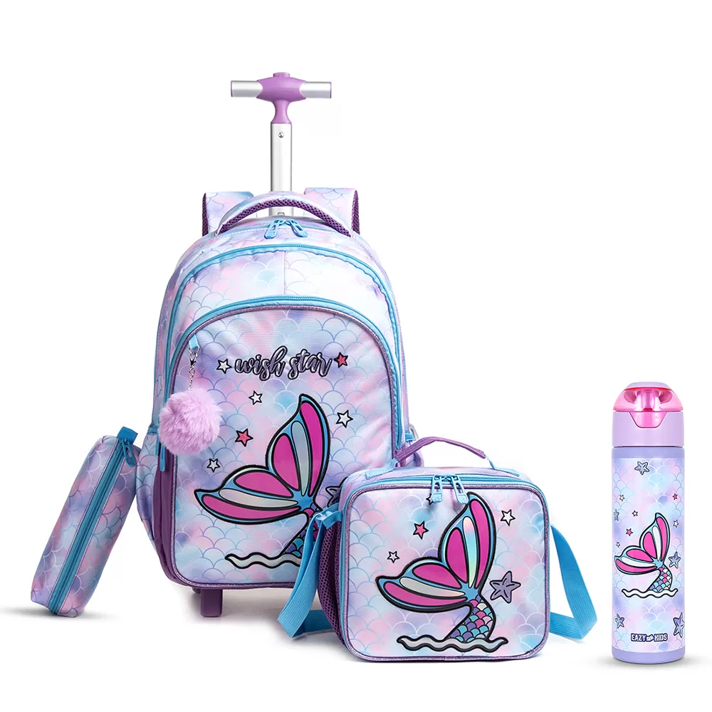 Eazy Kids 18Inch Set of 4 Trolley School Bag with Stainless Steel 640ml Water Bottle, Lunch Bag and Pencil Case - Mermaid Purple