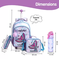 Eazy Kids 18Inch Set of 4 Trolley School Bag with Stainless Steel 640ml Water Bottle, Lunch Bag and Pencil Case - Mermaid Purple