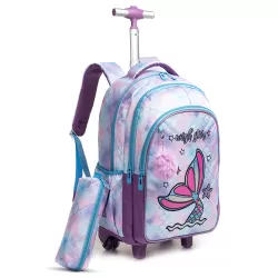 Eazy Kids 18Inch Set of 4 Trolley School Bag with Stainless Steel 640ml Water Bottle, Lunch Bag and Pencil Case - Mermaid Purple