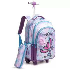 Eazy Kids 18Inch Set of 4 Trolley School Bag with Stainless Steel 640ml Water Bottle, Lunch Bag and Pencil Case - Mermaid Purple