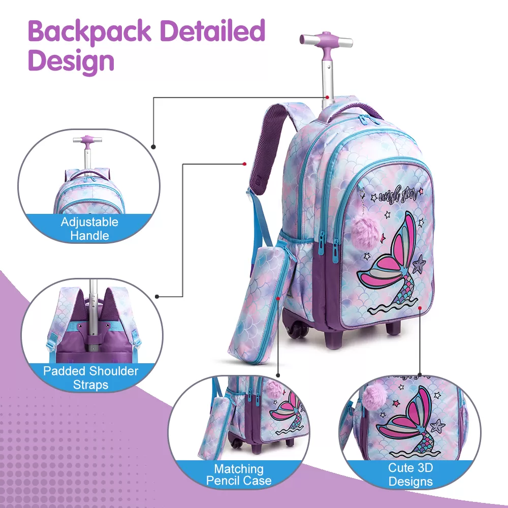 Eazy Kids 18Inch Set of 4 Trolley School Bag with Stainless Steel 640ml Water Bottle, Lunch Bag and Pencil Case - Mermaid Purple