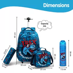 Eazy Kids 18Inch Set of 4 Trolley School Bag with Stainless Steel 640ml Water Bottle, Lunch Bag and Pencil Case - TREX Dinosaur - Blue