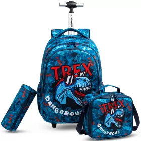 Eazy Kids 18Inch Set of 4 Trolley School Bag with Stainless Steel 640ml Water Bottle, Lunch Bag and Pencil Case - TREX Dinosaur - Blue