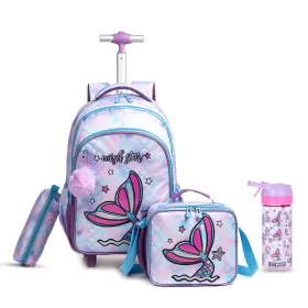 Eazy Kids 18Inch Set of 4 Trolley School Bag with Tritan 420ml Water Bottle, Lunch Bag and Pencil Case - Mermaid Purple