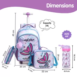 Eazy Kids 18Inch Set of 4 Trolley School Bag with Tritan 420ml Water Bottle, Lunch Bag and Pencil Case - Mermaid Purple