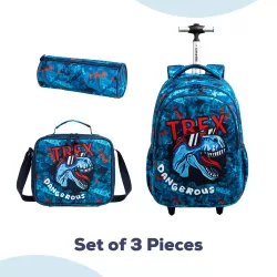 Eazy Kids 18Inch Set of 4 Trolley School Bag with Tritan 420ml Water Bottle, Lunch Bag and Pencil Case - TREX Dinosaur - Blue