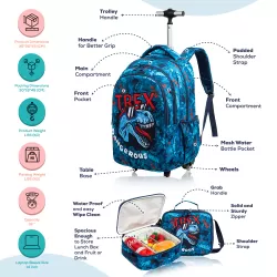 Eazy Kids 18Inch Set of 4 Trolley School Bag with Tritan 420ml Water Bottle, Lunch Bag and Pencil Case - TREX Dinosaur - Blue