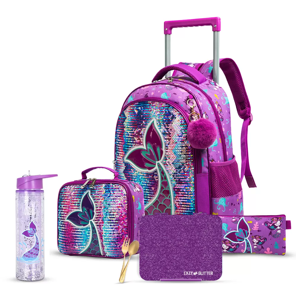 Eazy Kids - 18&quot; Set of 5 Trolley School Bag with Glitter Bento Box, Glitter 550ml Water Bottle, Lunch Bag &amp; Pencil Case - Mermaid Purple