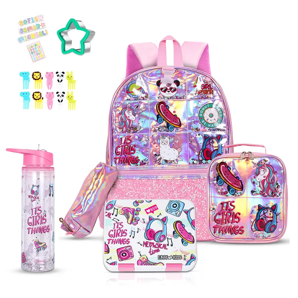 Eazy Kids - 17&quot; School Bag, Bento Box, Glitter 550ml Water Bottle, Lunch Bag, Pencil Case, Set of 5 - Girl Things Pink