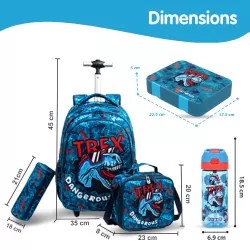 Eazy Kids 18Inch Set of 5 Trolley School Bag with Bento Lunch Box, Tritan 420ml Water Bottle, Lunch Bag and Pencil Case - TREX Dinosaur - Blue