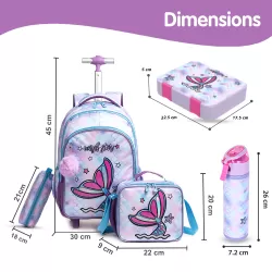 Eazy Kids 18Inch Set of 5 Trolley School Bag with Bento Lunch Box, Stainless Steel 640ml Water Bottle, Lunch Bag and Pencil Case - Mermaid Purple