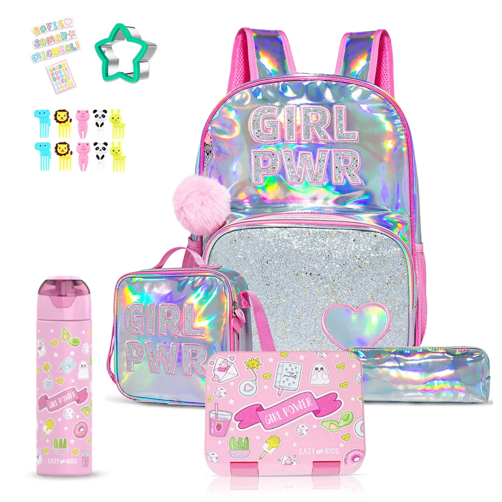 Eazy Kids - 18&quot; School Bag, Bento Box, Stainless Steel 640ml Water Bottle, Lunch Bag, Pencil Case, Set of 5 - Girl Power Pink