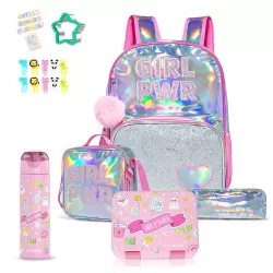 Eazy Kids - 18" School Bag, Bento Box, Stainless Steel 640ml Water Bottle, Lunch Bag, Pencil Case, Set of 5 - Girl Power Pink