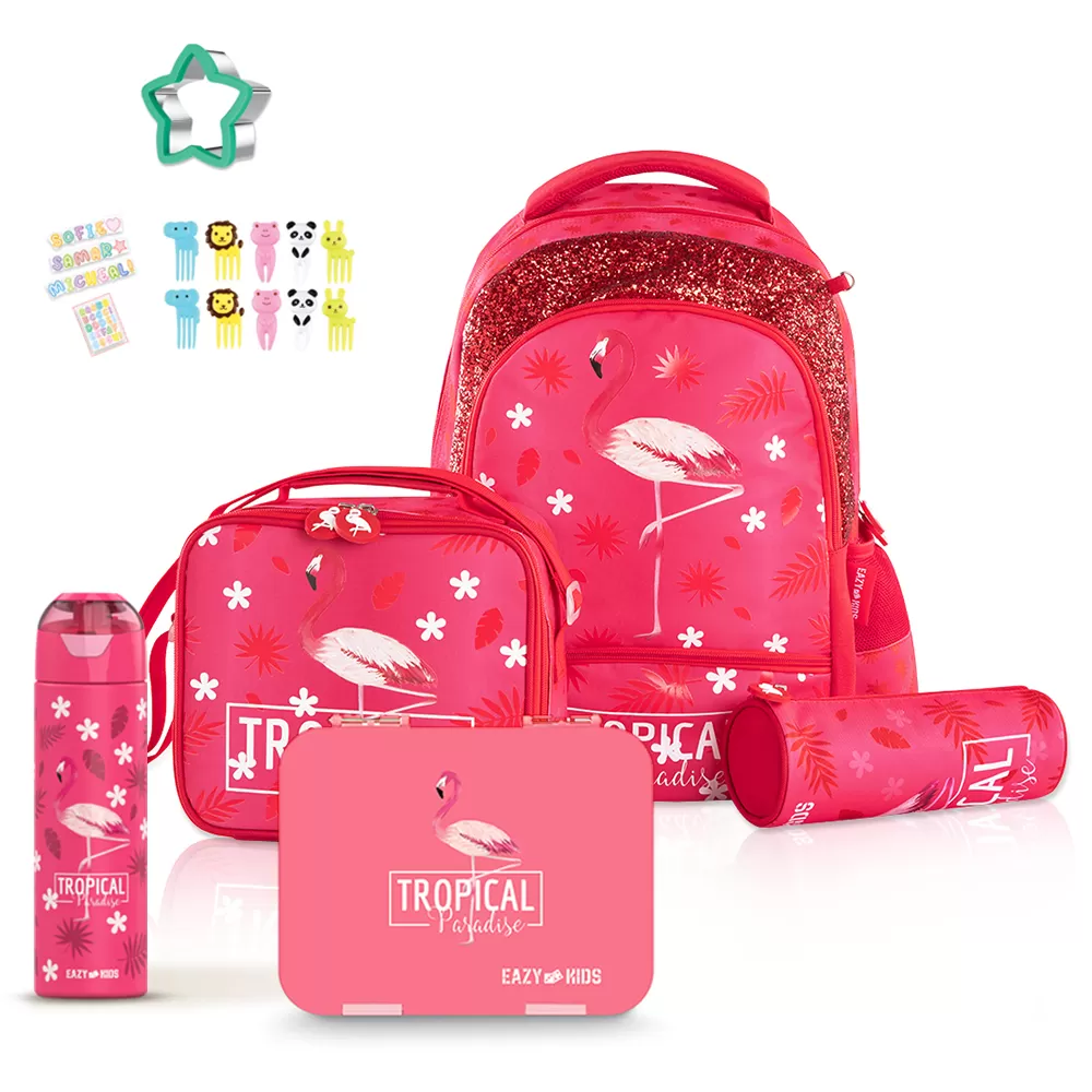 Eazy Kids 17Inch Set of 5 School Bag with Bento Box, Stainless Steel 640ml Water Bottle, Lunch Bag and Pencil Case - Tropical Pink