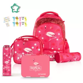 Eazy Kids 17Inch Set of 5 School Bag with Bento Box, Stainless Steel 640ml Water Bottle, Lunch Bag and Pencil Case - Tropical Pink