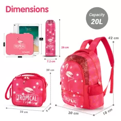 Eazy Kids 17Inch Set of 5 School Bag with Bento Box, Stainless Steel 640ml Water Bottle, Lunch Bag and Pencil Case - Tropical Pink