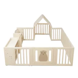 Little Story - Portable Playpen with Bookshelf, Toy Storage and Play house - White