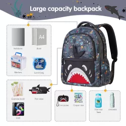 Nohoo Kids 16 Inch School Bag with Lunch Bag Combo Shark - Grey