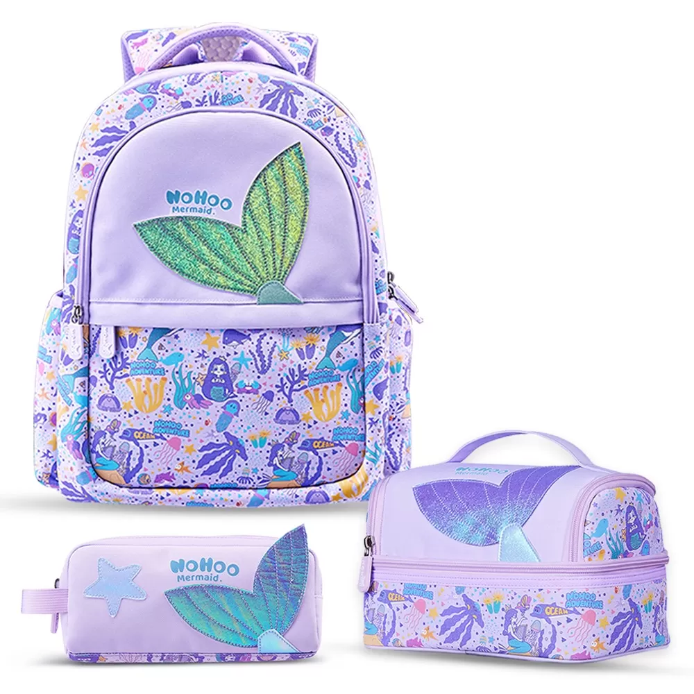 Nohoo Kids 16 Inch School Bag with Lunch Bag and Pencil Case (Set of 3) Mermaid - Purple