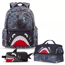 Nohoo Kids 16 Inch School Bag with Lunch Bag and Pencil Case (Set of 3) Shark - Grey