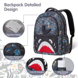 Nohoo Kids 16 Inch School Bag with Lunch Bag and Pencil Case (Set of 3) Shark - Grey