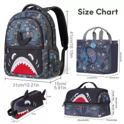 Nohoo Kids 16 Inch School Bag with Lunch Bag, Handbag and Pencil Case (Set of 4) Shark - Grey