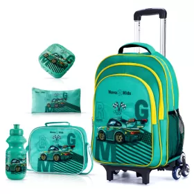 Nova Kids Trolley School Bag Set of 5 - 16 Inch - Car Racing - Green