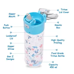 Eazy Kids Lunch Box Set and Tritan Water Bottle w/ Snack Box, Shark - Blue, 450ml