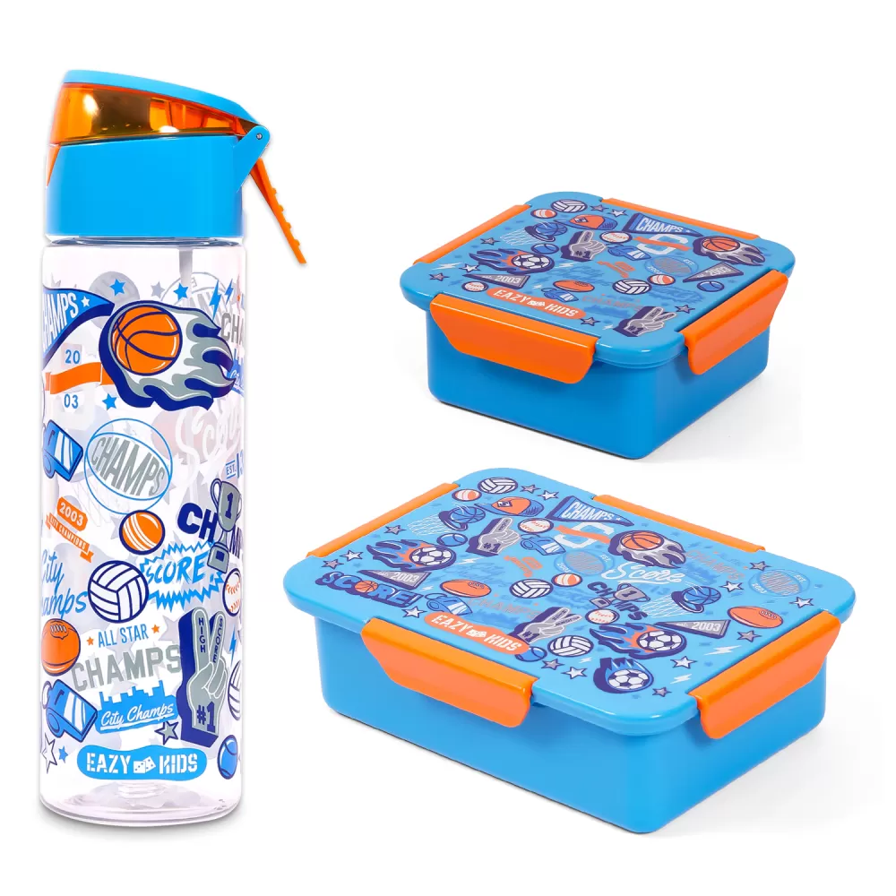 Eazy Kids Lunch Box Set and Tritan Water Bottle w/ Spray, Soccer - Blue, 750ml