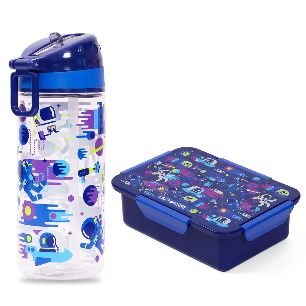 Eazy Kids Lunch Box and Tritan Water Bottle w/ Carry handle, Astronauts - Blue, 420ml