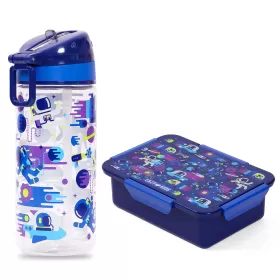 Eazy Kids Lunch Box and Tritan Water Bottle w/ Carry handle, Astronauts - Blue, 420ml