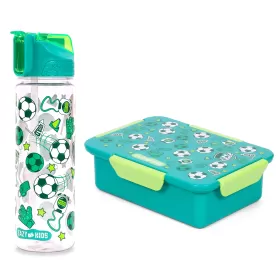 Eazy Kids Lunch Box Set and Tritan Water Bottle w/ 2in1 drinking, Flip lid and Sipper, Soccer - Green, 650ml