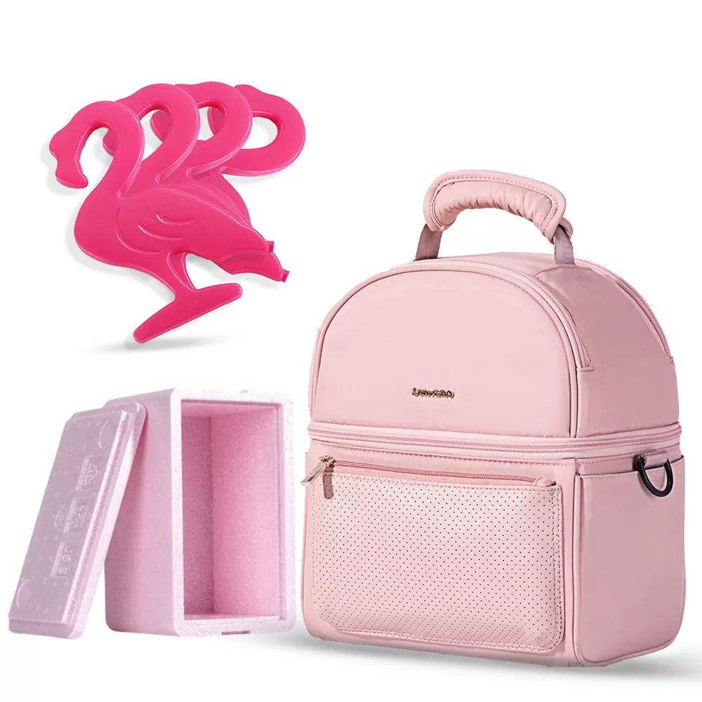 Sunveno - Insulated Lunch Bag with Thermo Box &amp; 4 Pcs Flamingo Ice Pack Set - Pink