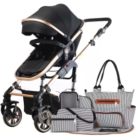 Teknum 3 in 1 Story Pram Stroller and Diaper Bag Bundle - Black